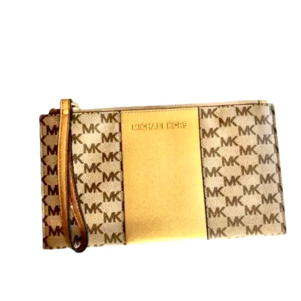 Michael Kors Beige Gold Leather and Signature Coated Canvas Large